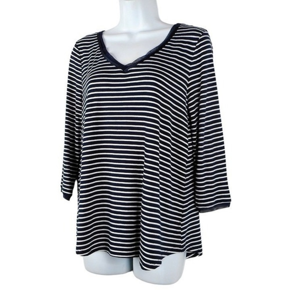 Marled Reunited Clothing Womens Top Medium Blue White 3/4‎ Sleeve V-Neck Striped